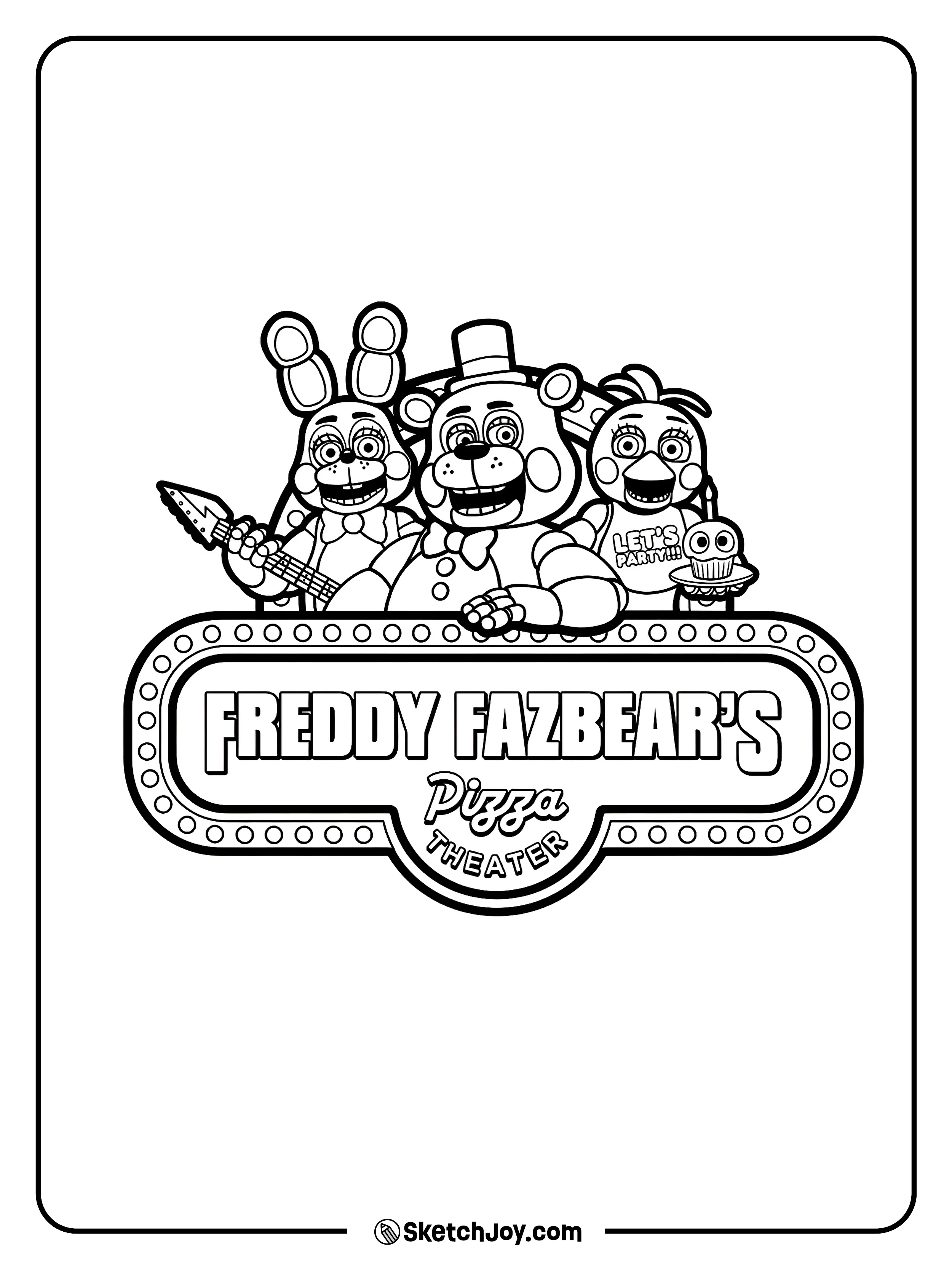 Toy Freddy, Toy Bonnie, and Toy Chica smile above a large theater sign.